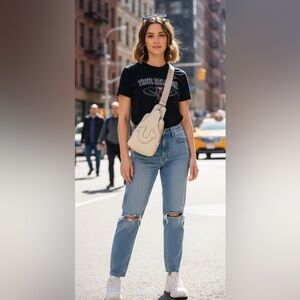 True Religion Women’s Stitched Horseshoe Crossbody Beige Sling Bag ADJ Strap